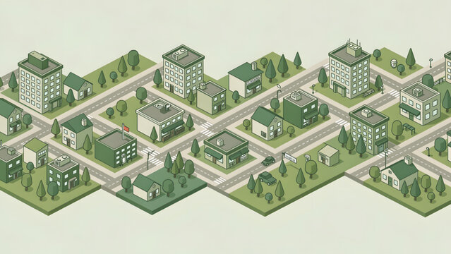 isometric green city blocks with small buildings trees roads and urban planning concept