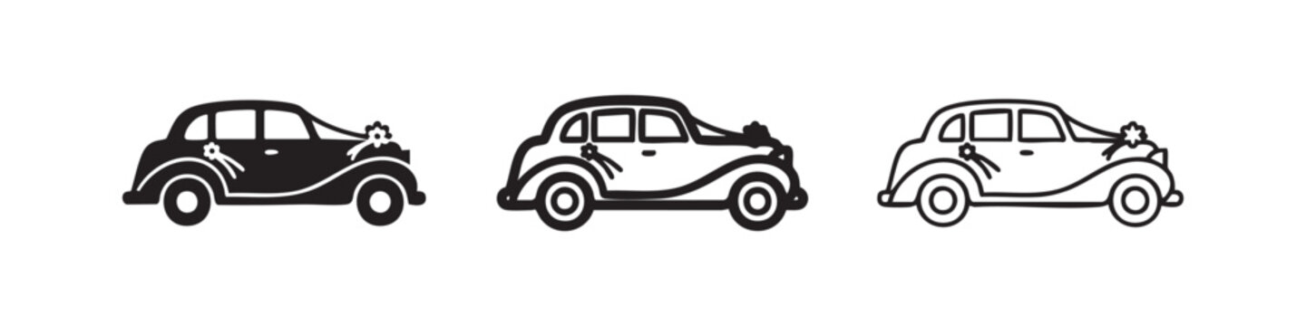Wedding car icon set. Vintage automobile decorated for marriage celebration, perfect for romantic or event themes.