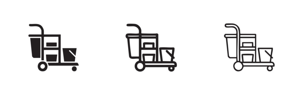 Commercial cleaning trolley icon set in filled, doodle, and outline styles. Vector illustration for janitorial and facility services.