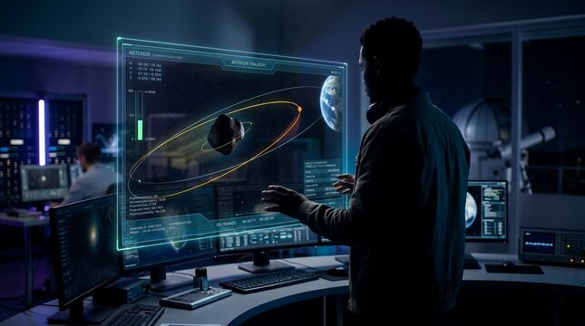 Man analyzing asteroid trajectory on large computer screen in dark room