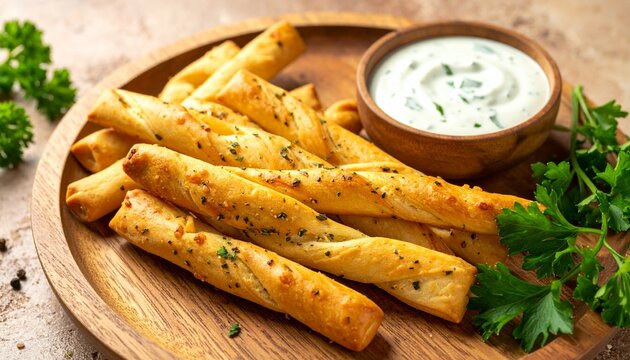 Golden breadsticks with herbs served alongside creamy dipping sauce