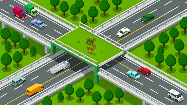 green wildlife bridge with deer over busy multi-lane highway surrounded by dense forest