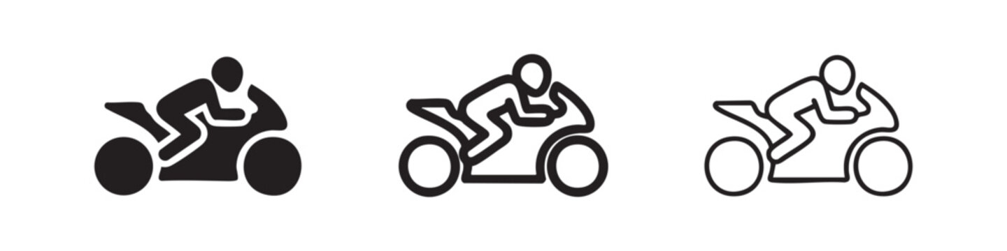 Motorcyclist in racing posture icon set in three styles.