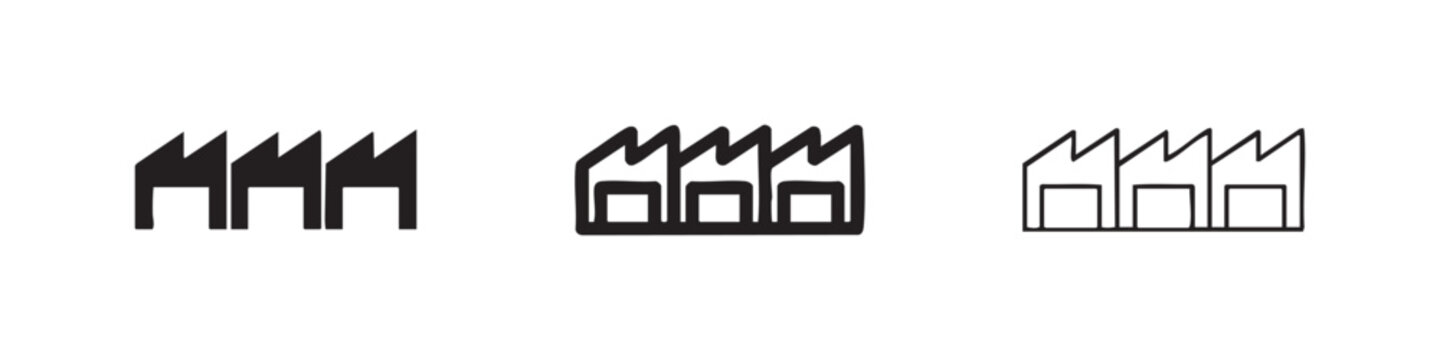 Industrial factory building icon set with sawtooth roofs.