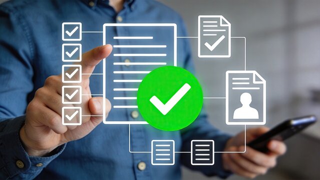 Man using smartphone to check document list, mobile app interface with green success tick mark, digital workflow management for personal files and administrative tasks on the go