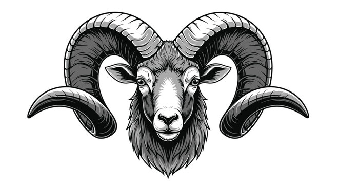 Rams head with large curved horns and a stoic expression is featured in a powerful black and white illustration.