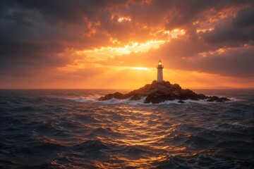 Fototapeta premium Lighthouse on a rocky island in the middle of a rough stormy sea ocean at sunset with dramatic sky.