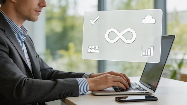 Infinite cloud computing symbol with analytics dashboard, scalable infrastructure and big data visualization for enterprise technology solutions and growth.