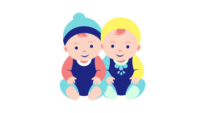 Cute Twins Babies Cartoon Style, Happy Joyful Toddlers Sitting Together