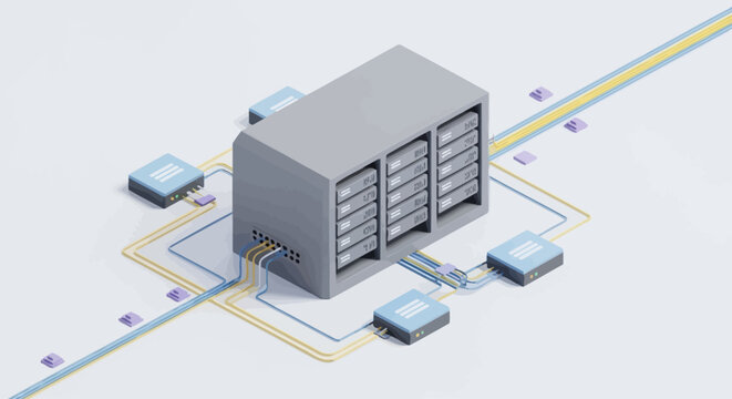 3D illustration of server with network connections.