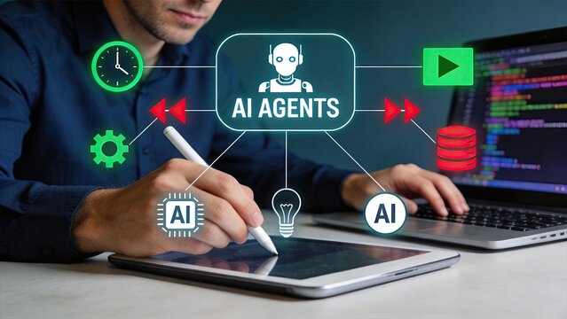 Modern technology concept featuring AI agents icon connected to digital symbols like clock, gear, database, and video, representing artificial intelligence automation, machine