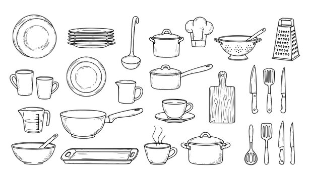 Kitchen Utensils and Cookware Hand Drawn Doodle Set, Kitchenware Cooking Equipment Vector Sketch Illustration