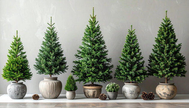 A row of various sizes of green mini pine trees and small plants planted in rustic ceramic and concrete pots. 