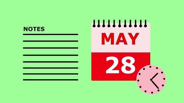 Calendar page showing May 28th with notes section on green background date.