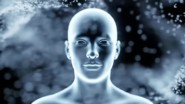A futuristic digital illustration of a human figure dissolving into particles, conveying a sense of transformation and technology.