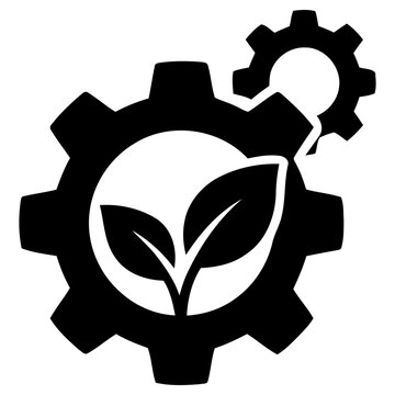 Minimalist vector graphic design showing mechanical gear wheels integrated with organic leaf symbols representing the concept of sustainable industrial development and clean green technology