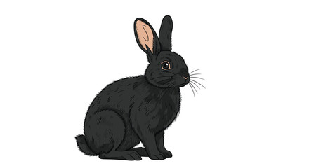 Obraz premium Detailed colored drawing of a black rabbit sitting calmly with long ears and pink nose showing fine fur texture on a white background.