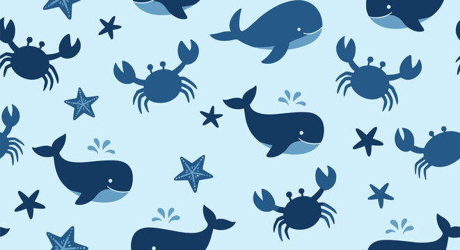 Nautical seamless pattern with dark blue silhouettes of whales, crabs, and starfish swimming on a light blue water background for kids.