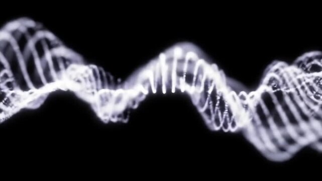 A glowing white DNA double helix structure on a black background, representing genetic code and biotechnology.