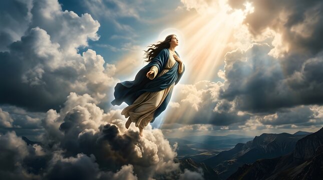 Divine Ascension - Jesus Christ Rises to Heaven Amidst Radiant Clouds.