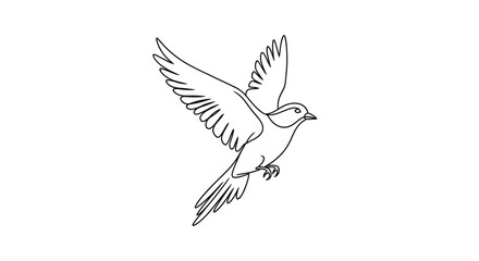 Fototapeta premium Simple continuous line drawing of a small bird flying with its wings spread wide against a plain white background.