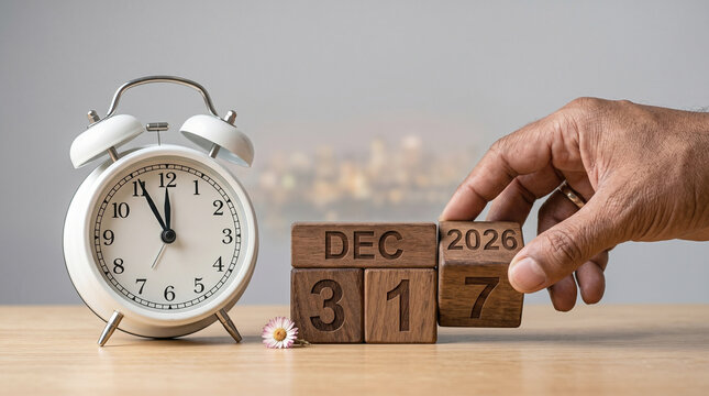 Hand adjusting wooden calendar blocks next to white alarm clock on a table with a blurred background and a small flower