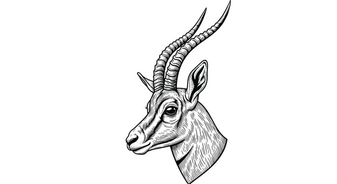 Highly detailed engraving style illustration of a gazelle head with long spiraling horns on a white background.