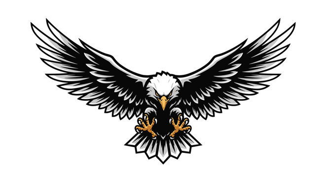 Dramatic illustration of a bald eagle with wings fully spread and talons out as if descending to catch prey.