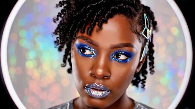 A woman with blue makeup and hair clips looks directly at the camera