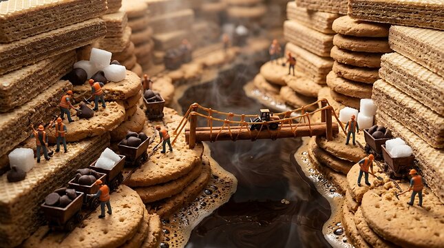 Pekerja tambang miniatur beraktivitas di antara tebing biskuit dan sungai kopi melambangkan kerja keras dan imajinasi kreatif kuliner