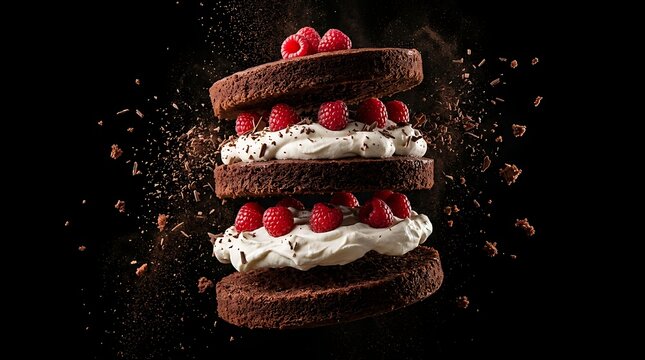 Potongan kue cokelat raspberry melayang menampilkan lapisan krim dan buah segar melambangkan kelezatan kuliner modern yang dinamis
