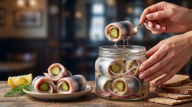 Rollmops &ndash; Traditional British Pickled Herring with Gherkin and Onion