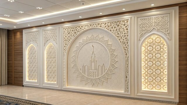 Intricate islamic geometric pattern wall decor with mosque silhouette