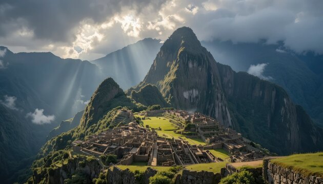 Machu picchu, an inca citadel set high in the andes mountains of peru, with lush green mountains and dramatic cloudy skies