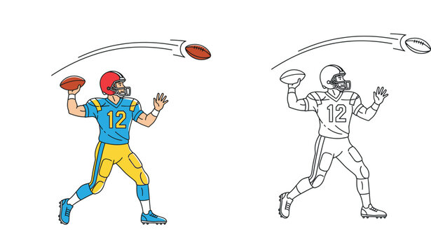 American football quarterback player throwing a ball during a game, set of colored illustration and line art outline vector for coloring book, sports theme athlete with number 12 jersey