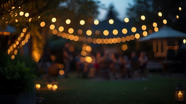 Cozy evening garden party with warm string lights and soft bokeh background