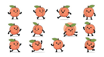 Fototapeta premium Character animation sprite sheet showing a cute peach fruit character in various walking and running poses for video games.