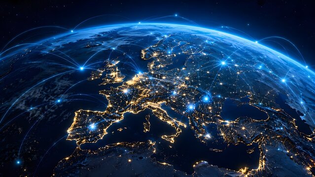 Global network connections across illuminated Earth at night with glowing nodes representing data flow and communication