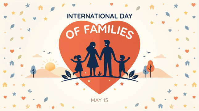 International day of families illustration with heart and family silhouettes on a colorful background with leaves and stars