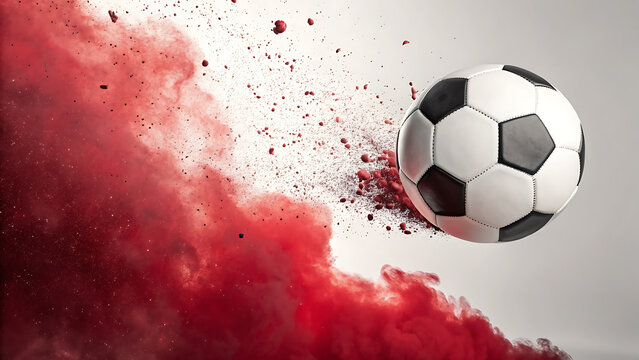 Soccer ball flying with explosive red powder smoke explosion on a red and white background, dynamic sports concept