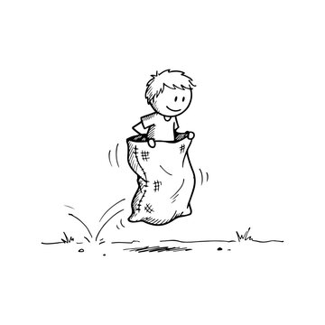 A minimalist black and white line drawing of a happy boy jumping in a burlap sack during a traditional sack race game.