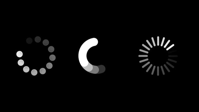 Minimalist Black Loading Spinners and Buffering Icons Pack on Green Screen Background. A high-quality 4K animation featuring three different styles of black progress bars and buffering spinners 