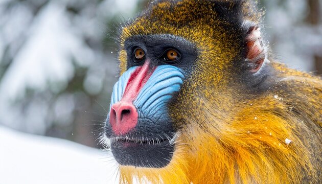 Close-up portrait of golden snub-nosed monkey with vivid blue face and orange fur in winter