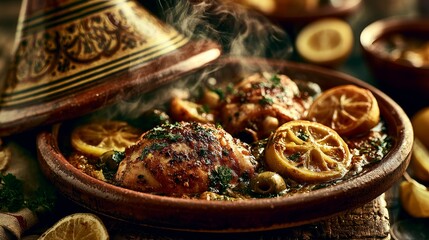 Fototapeta premium Rustic Roasted Chicken Dish with Lemon Slices and Herbs Steam