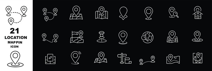Navigation thin line icon set. Determining geographic location, route planning, and spatial orientation. Geolocation, pinpoint, map, road, compass, check point, GPS - stock vector. © HIKE  Studio  1