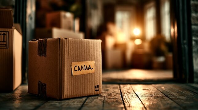 Stacked cardboard boxes ready for shipment on dark rustic wood background