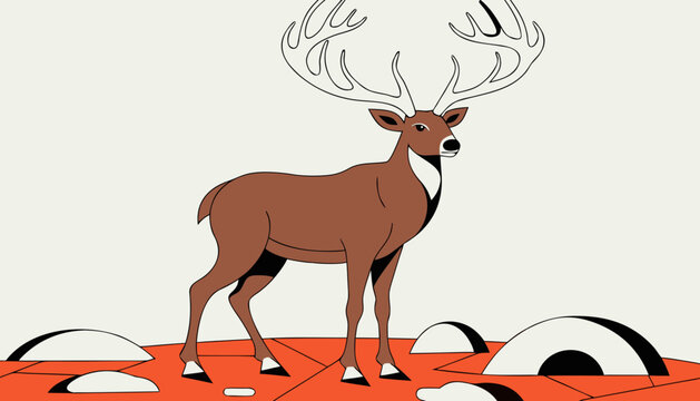 Vector deer illustration, brown buck with antlers, geometric pattern background, abstract wildlife design