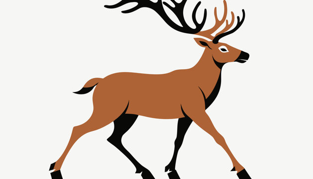 Running deer, brown reindeer, vector elk, wildlife animal