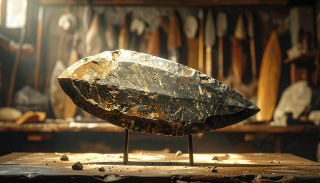Close-up of ancient handcrafted flint arrowhead on wooden stand in workshop