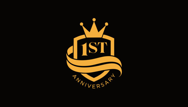 Golden anniversary logo, 1st anniversary emblem, crown celebration badge, yellow ribbon icon